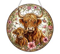 Highland Cow Sun Catcher, Spring Highland Cow Ornament, Stained Glass Style Acrylic Suncatcher for Windows, Rustic Window Hanging Decor for Home, Garden and Balcony
