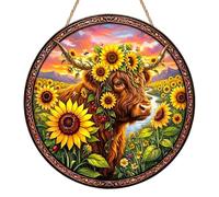 Highland Cow Sun Catchers for Windows, Cow Sunflower Stained Glass Suncatchers for Windows, Rustic Farmhouse Window Hanging Decor for Highland Cows Gifts