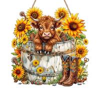 Highland Cow Sun Catchers for Windows, Sunflower Stained Glass Style Suncatcher, 2D Flat Hanging Ornament, Rustic Acrylic Sun Catcher for Garden, Patio & Balcony, Highland Cow Gifts for Cows Lover