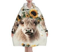 Highland Cow Sunflower Wearable Oversized Flannel Blanket Hoodie For Adults, Long Sleeve Hooded Blanket Sweatshirt