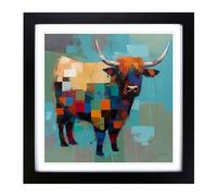 Highland Cow Suprematism No.1 Framed Print | 18x18 Inch Black Framed Wall Art | Ready to Hang | Modern Animal Picture | Living Room Bedroom Lounge Office