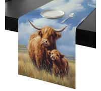 Highland Cow Table Runner 36 Inches Long, Rustic Art Calf in A Lush Farmhouse Grassland Washable Table Runners Heat-Insulation Kitchen Dining Table Decorations for Home Party Decor, 13"x36"