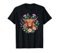 Highland Cow Thistle Floral Scottish Farm Animal Design T-Shirt