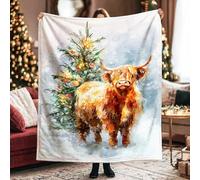 Highland Cow Throw Blanket, Festive Rustic Christmas Tree Ornaments Christmas Orange Flannel Blanket Soft Lightweight Decorative for Couch Sofa Bed Living Room Office Lap 60x80 Inch