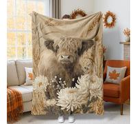 Highland Cow Throw Blanket, Rustic Natural Daisies Wheat Fall Beige Fuzzy Blanket Compact Decorative Aesthetic for Couch Sofa Bed Lap Office Chair Desk 60x80 Inch