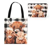 Highland Cow Tote Bag with Makeup Bag Double-Sided Printed Canvas Shoulder Bag Large Capacity Shopping Bags Animal Gift Highland Cow Gifts for Women Girls
