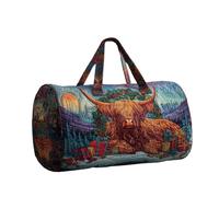 Highland Cow Travel Bag, Portable Quilted Duffel with Multi-Pocket Organizer & Carry Handle, Vintage Floral Highland Cow, Spacious Cottagecore Weekender & Airplane Personal ltem (#05, L)