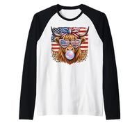 Highland Cow USA Flag Heart Sunglasses Bubble Raglan Baseball Tee