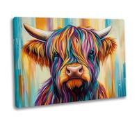 Highland Cow Wall Art Canvas Print - Framed Colourful Abstract Style Nature Picture - Wildlife Animal Home Decor (76x51cm / 30x20inch)