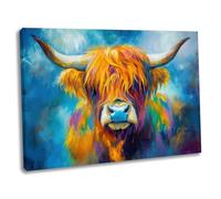 Highland Cow Wall Art Canvas Print - Framed Colourful Abstract Style Nature Picture - Wildlife Animal Home Decor (2) (40x25cm / 16x10inch)