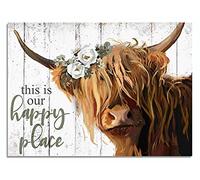 Highland Cow Wall Art - This Is Our Happy Place Inspirational Canvas Poster for Home - Long Haired Scottish Cow with White Flower Picture Farmhouse Kitchen Decor Framed (10"x15")