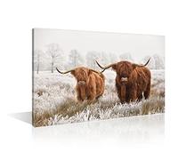 Highland Cow Wall Painting for Living Room Fluffy Scottish Highland Cattle Picture Winter Landscape in A National Park of The Netherlands Wall Art 1 Panel Artwork Home Decor Ready to Hang(24"Wx36"H)
