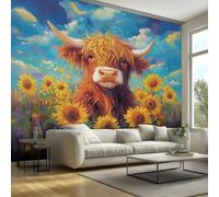 Highland Cow Wallpaper for Bedroom - Farmhouse Rustic Sunflower Wall Paper, Highland Cow Home Decor, Non-Woven Waterproof Wallpapers for Living Room, Feature Walls Mural 100x70 cm - Jhd47