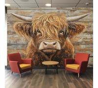 Highland Cow Wallpaper for Living Room, Rustic Farmhouse Wood Plank Wall Mural for Bedroom, Non-Woven Photo Wallpaper Home Decor 390X260cm, Wall Decoration D18