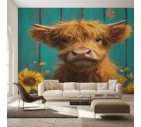 Highland Cow Wallpaper for Living Room, Sunflower Board Plank Wall Mural for Bedroom 130x80 cm, Non-Woven Photo Wallpaper, Home Decor D&O114