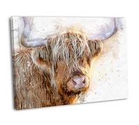 Highland Cow Watercolour Canvas Art Print Framed Animal Picture (40x25cm / 16x10inch)