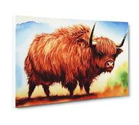 Highland Cow Watercolour Canvas Wall Art Print 30x20 Inch | Ready to Hang, Gallery Wrapped, Fade-Resistant Inks, Securely Packaged, UK Made