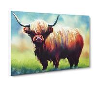 Highland Cow Watercolour Canvas Wall Art Print 30x20 Inch | Ready to Hang, Gallery Wrapped, Fade-Resistant Inks, Securely Packaged, UK Made