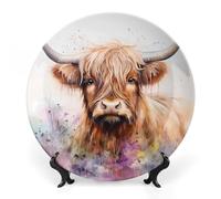 Highland Cow Watercolour Ceramic Decorative Plates for Display Ornaments with Stand for Kitchen Home Decor 7inch