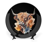 Highland Cow Watercolour Ceramic Decorative Plates for Display Ornaments with Stand for Kitchen Home Decor 10inch