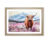 Highland Cow Watercolour Framed Wall Art Print A2 Oak | Ready to Hang, Premium Gi Paper, Fade-Resistant Inks, Securely Packaged, UK Made