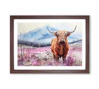 Highland Cow Watercolour Framed Wall Art Print A2 Walnut