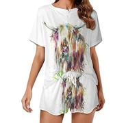 Highland Cow Watercolour Pajama Sets for Women Short Sleeve Shirt And Shorts Cozy Sleepwear Loungewear Pjs 5XL