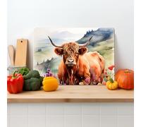 Highland Cow Watercolour Textured Glass Printed Chopping Board | Worktop Saver | Chopping Board | Available in Two Sizes (S)