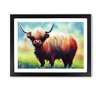Highland Cow Watercolour WHT Framed Wall Art Print A2 Black | Ready to Hang, Premium Gi Paper, Fade-Resistant Inks, Securely Packaged, UK Made