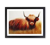 Highland Cow Watercolour WHT Framed Wall Art Print A2 Black | Ready to Hang, Premium Gi Paper, Fade-Resistant Inks, Securely Packaged, UK Made