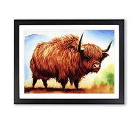 Highland Cow Watercolour WHT Framed Wall Art Print A2 Black | Ready to Hang, Premium Gi Paper, Fade-Resistant Inks, Securely Packaged, UK Made