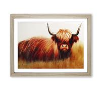 Highland Cow Watercolour WHT Framed Wall Art Print A2 Oak