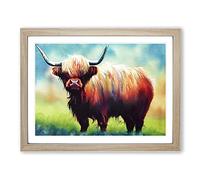 Highland Cow Watercolour WHT Framed Wall Art Print A2 Oak | Ready to Hang, Premium Gi Paper, Fade-Resistant Inks, Securely Packaged, UK Made