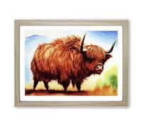 Highland Cow Watercolour WHT Framed Wall Art Print A2 Oak | Ready to Hang, Premium Gi Paper, Fade-Resistant Inks, Securely Packaged, UK Made