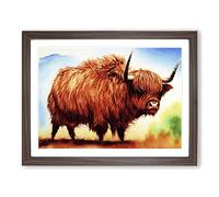 Highland Cow Watercolour WHT Framed Wall Art Print A2 Walnut | Ready to Hang, Premium Gi Paper, Fade-Resistant Inks, Securely Packaged, UK Made