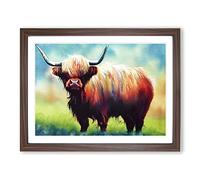 Highland Cow Watercolour WHT Framed Wall Art Print A2 Walnut | Ready to Hang, Premium Gi Paper, Fade-Resistant Inks, Securely Packaged, UK Made