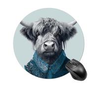 Highland Cow Wearing A Blue Shirt Mousepad Round Computer Mousepad Waterproof Gaming Mousepads with Non-Slip Rubber Base Mousepads Mousemat for Laptop Office 20 CM