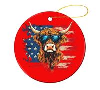Highland Cow Wearing Glasses U.S. Flag Christmas Pendants Xmas Tree Ceramics Decorative Hanging Ornaments for Holiday Home Party