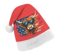 Highland Cow Wearing Glasses U.S. Flag Santa Hat Christmas Holiday Party Headwear for Adults Soft Velvet Festive Costume Accessory Adult