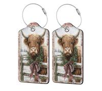 Highland Cow Wearing Rustic Evergreen Wreath Luggage Tag for Suitcase 2 Pack Leather Luggage Tag with Privacy Flap Name Id Label and Metal Loop for Women Men Travel