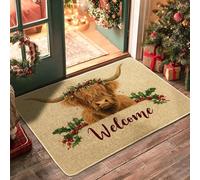 Highland Cow Welcome Mat, Rustic Brown Door Mat for Holiday & Winter Decor, Non-Slip Indoor Outdoor Entrance, Easy Clean Rubber Dust Absorbent Doormats 29x17 Inch