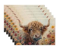 Highland Cow Wildflower Placemats Set of 6,Table Mats Non-Slip Heat Resistant Washable Placemat for Party Kitchen Dining Table Decoration Indoor Outdoor