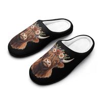 Highland Cow with Flowers Cute Women's Slippers Cotton Warm House Shoes with Rubber Anti-Slip Sole Slip On for Home Outdoor 7-8（39-40