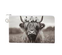 Highland Cow with Flowers Small Canvas Coin Purse Change Zippered Pouch Wallet Organizer Bags 7.4 X 4.6 Inch