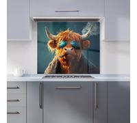 Highland Cow With Glasses Kitchen Splashback Warren Reed - Designer Blue 900mm x 750mm