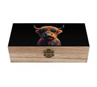 Highland Cow with Glasses Wooden Memory Box with Hinged Classic Keepsake Wedding Card Jewelry Storage Boxes for Anniversary Birthday