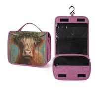 Highland Cow with Holly Mistletoe Wreath Travel Toiletry Bag for Women,Hanging Makeup Organizer with Hook for Shampoo