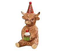HIGHLAND COW WITH PARTY HAT AND CUP CAKE RESIN ORNAMENT