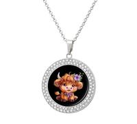 Highland Cow With Purple Flowers Scottish Farm Multicolored Diamond Necklace Dainty Round Pendants Jewelry for Women Silver-style