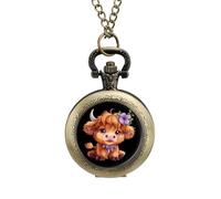Highland Cow with Purple Flowers Scottish Farm Pocket Watch Vintage Quartz Pocket Watches with Chain for Men Women Coppery-Style